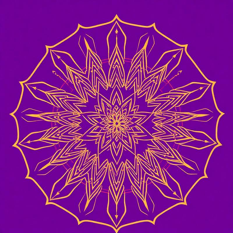 Un mandala doré dessiné au trait sur fond violet