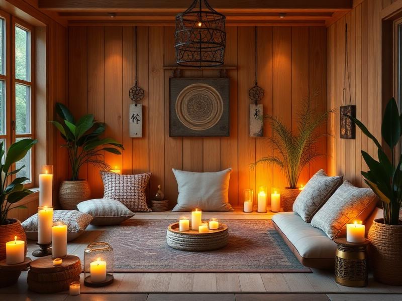Une pièce calme à la lumière douce, avec des coussins, des plantes et des bougies